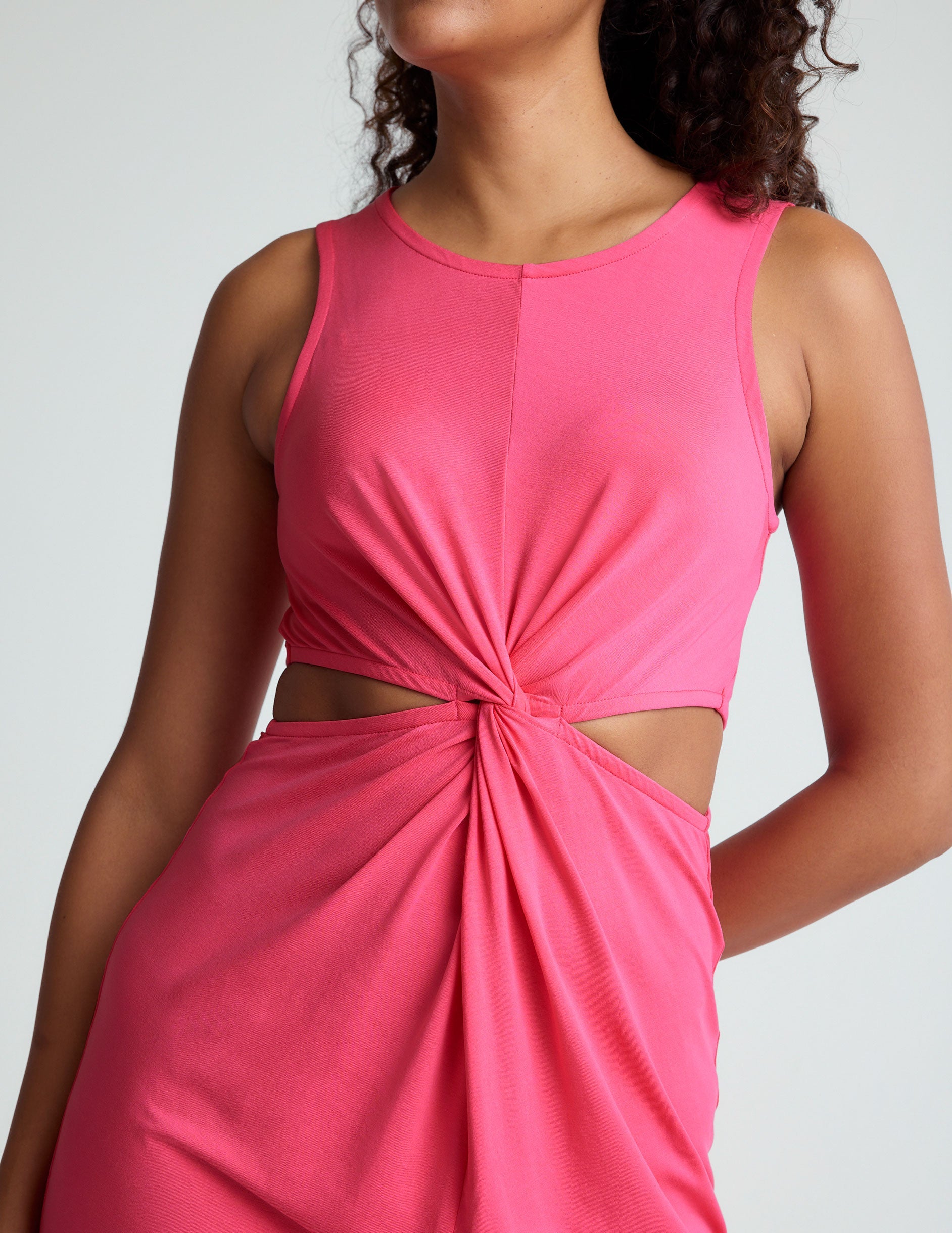 Elegant Pink Midi Dress with Front Twist Detail and Side Slits