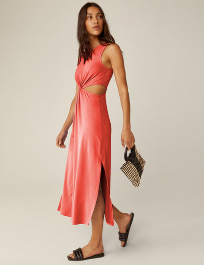Women's Lightweight Front Twist Midi Dress, Sleeveless, Relaxed Fit, Coral Glow