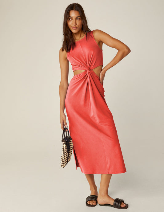 Women's Lightweight Front Twist Midi Dress, Sleeveless, Relaxed Fit, Coral Glow