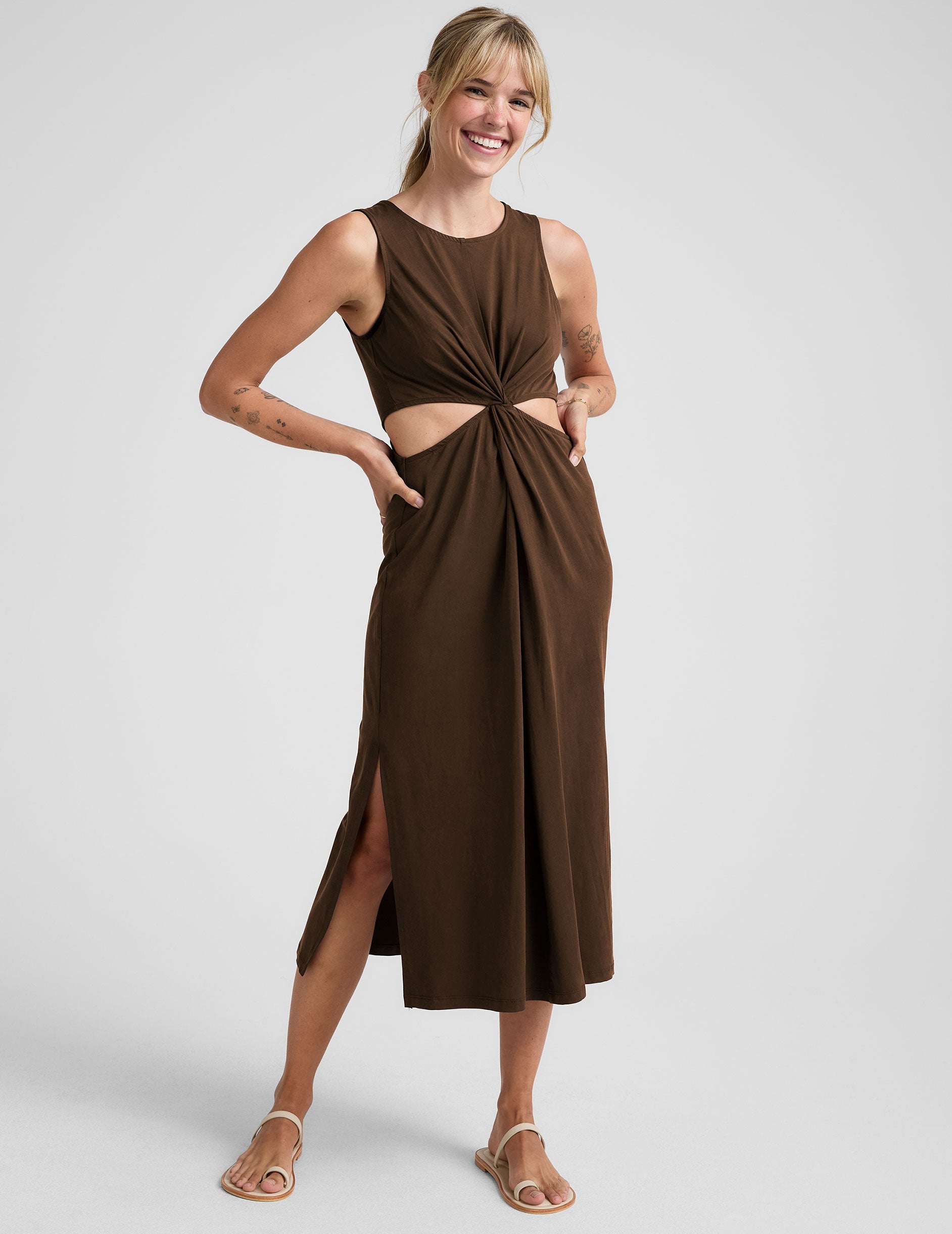 Chic Espresso Front Twist Midi Dress, Side Slits, Flattering Fit