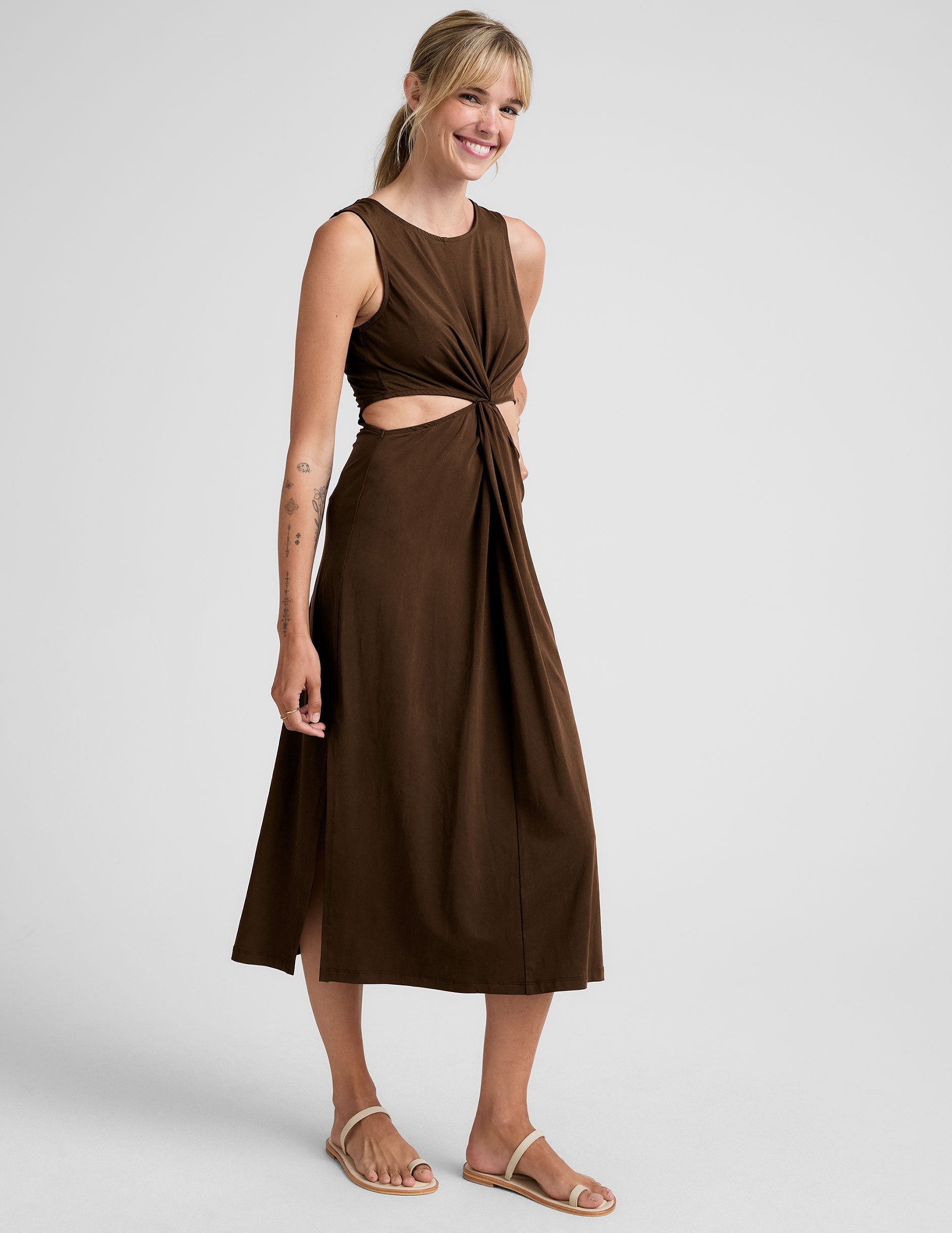 Chic Espresso Front Twist Midi Dress, Side Slits, Flattering Fit