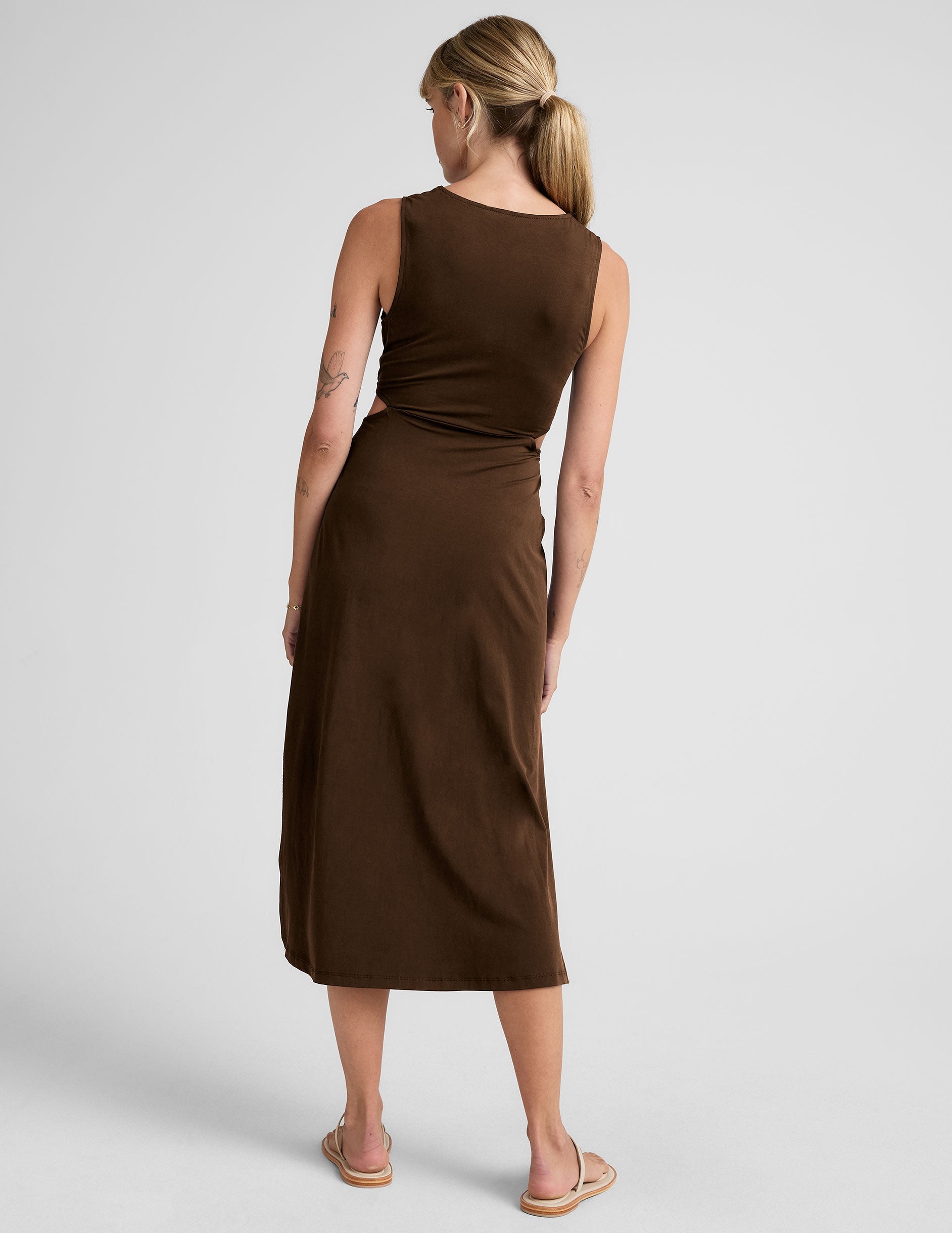 Chic Espresso Front Twist Midi Dress, Side Slits, Flattering Fit