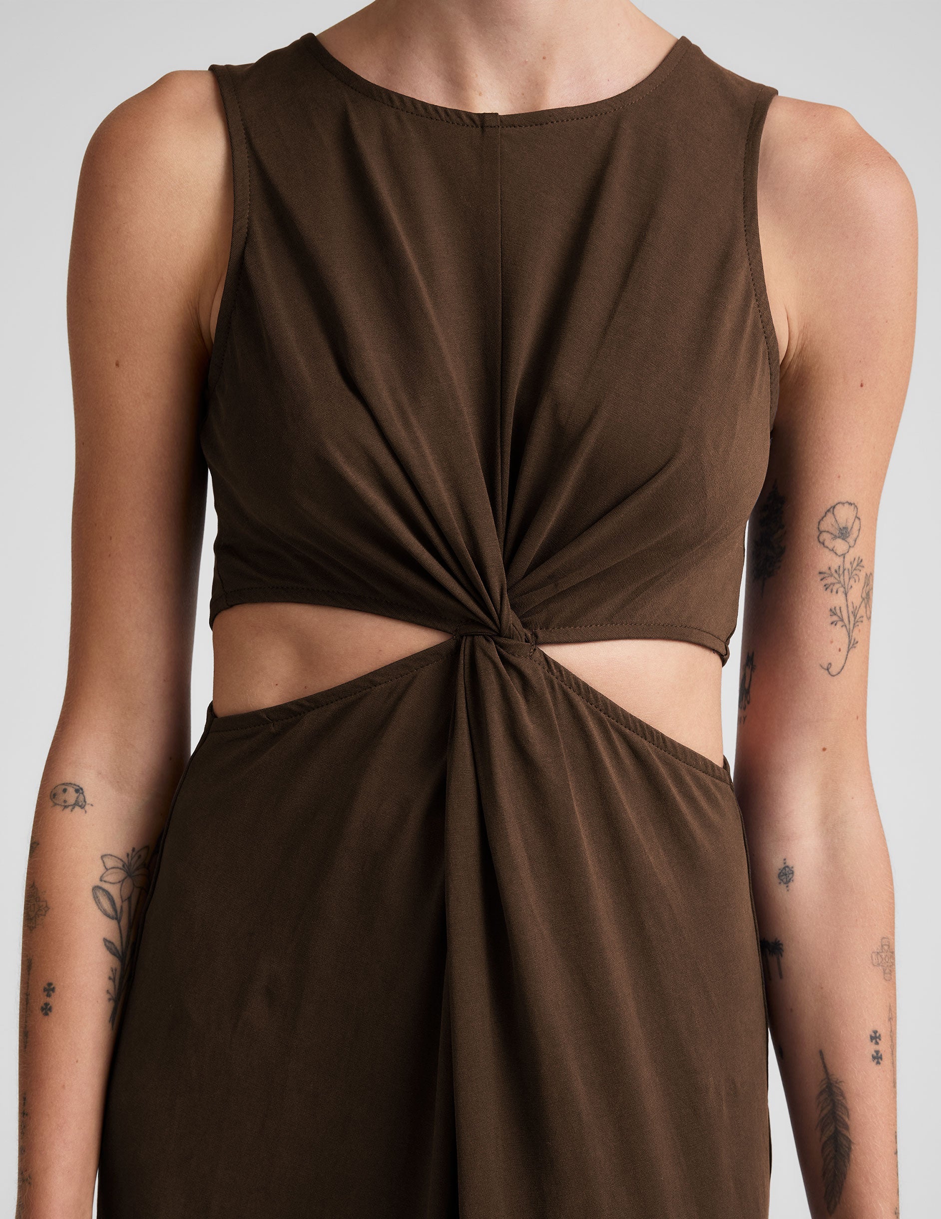 Chic Espresso Front Twist Midi Dress, Side Slits, Flattering Fit