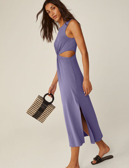 Elegant Indigo Front Twist Midi Dress: Soft, Stretchy, Flattering Silhouette