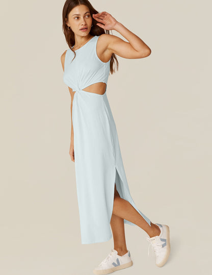 Tropical Waters Sleeveless Maxi Dress with Front Twist & Side Slits