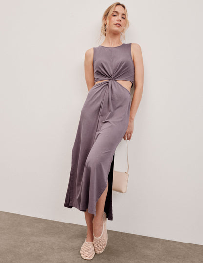 Woodland Brown Twist-Front Midi Dress for Women - Flattering Stretch Jersey