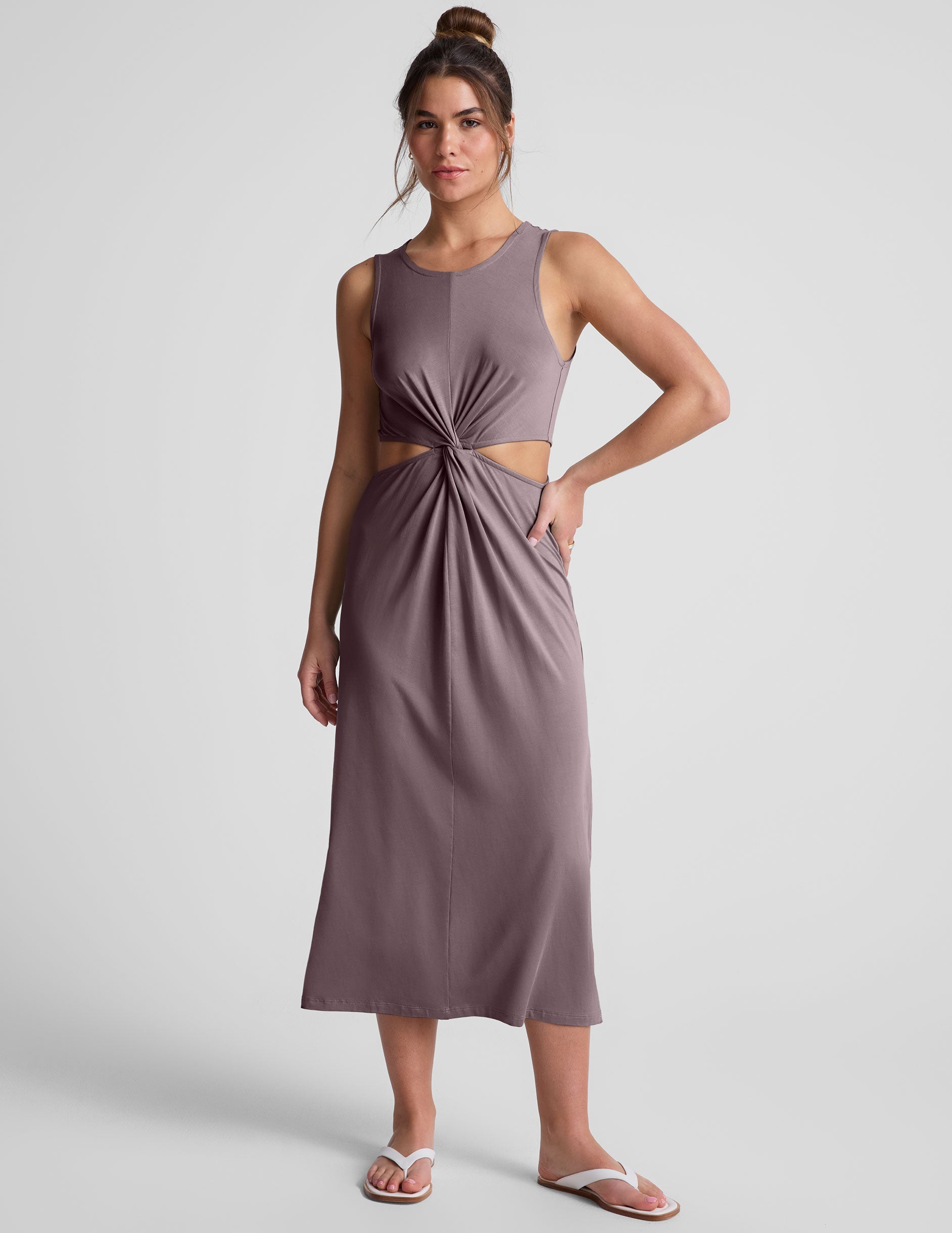 Woodland Brown Twist-Front Midi Dress for Women - Flattering Stretch Jersey