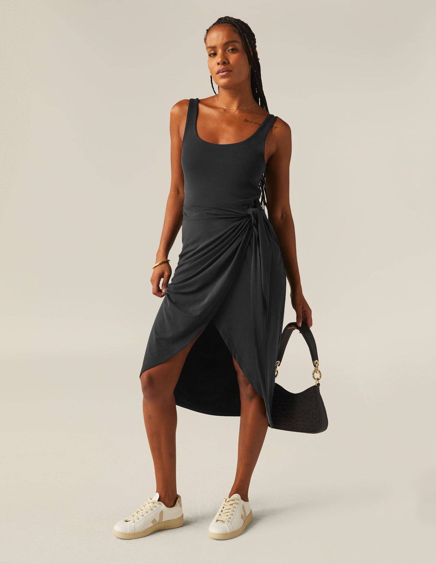 Chic Black Wrap Midi Dress with Scoop Neck and Adjustable Tie