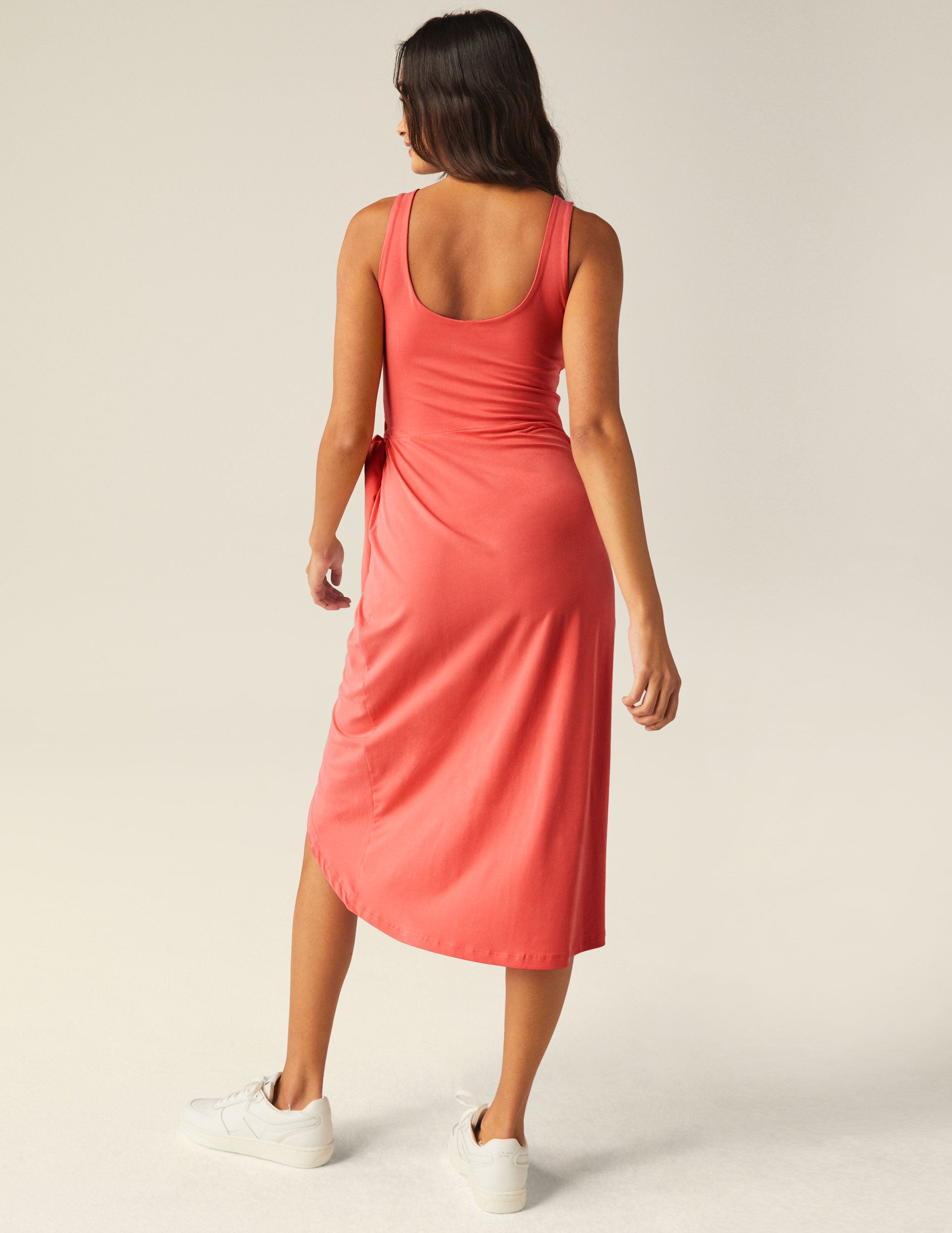 Chic Coral Glow Wrap Front Midi Dress with Scoop Neck and Tie Waist