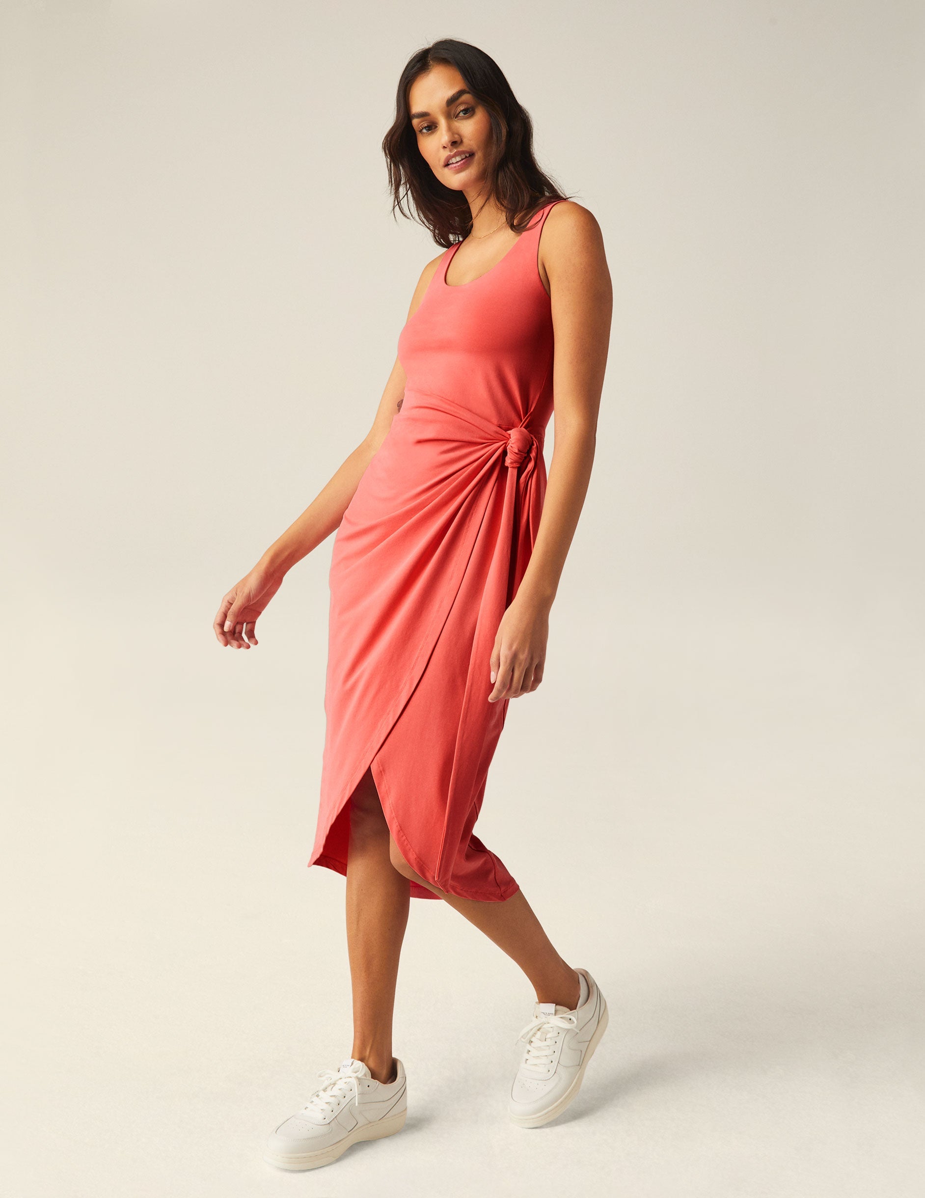 Chic Coral Glow Wrap Front Midi Dress with Scoop Neck and Tie Waist