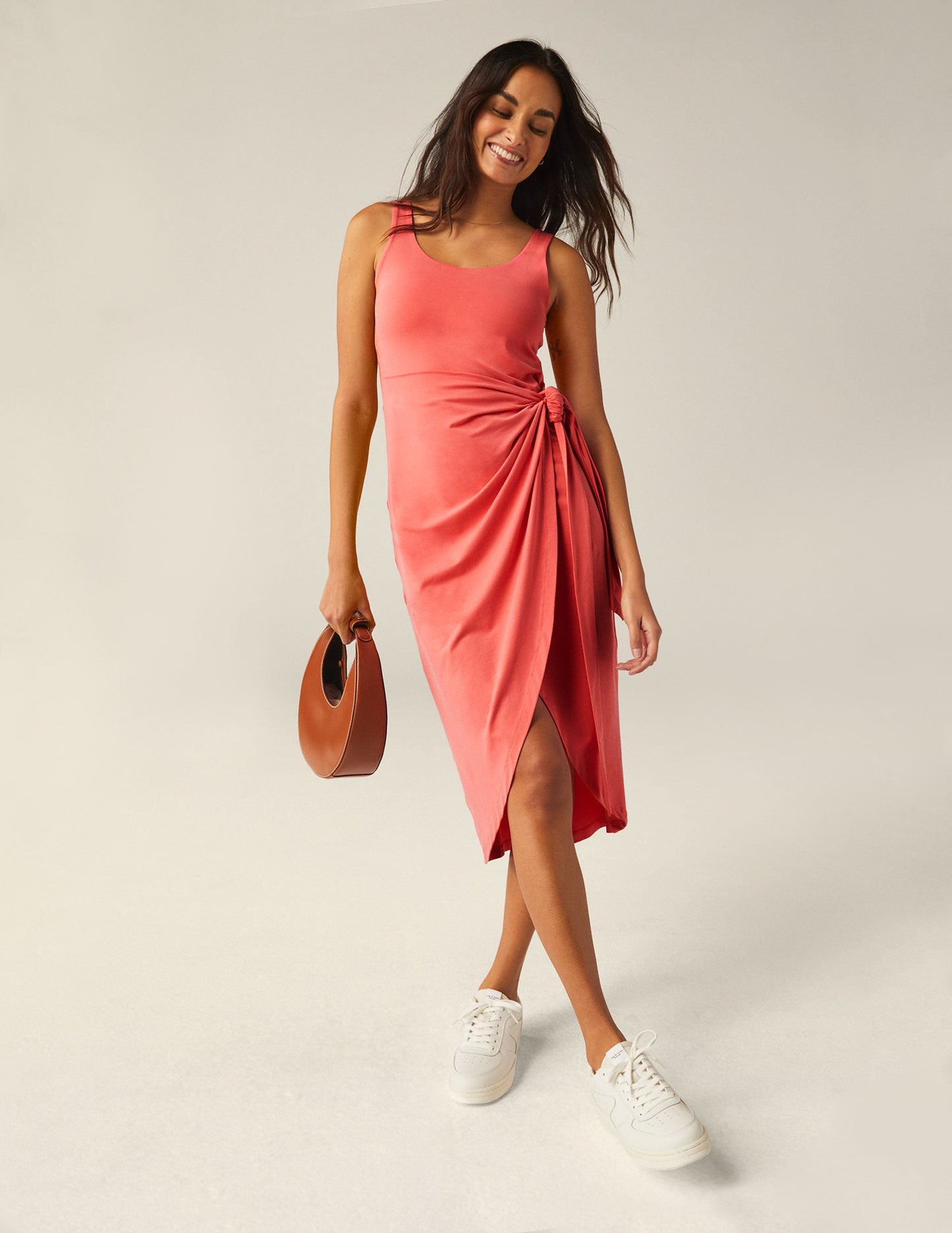 Chic Coral Glow Wrap Front Midi Dress with Scoop Neck and Tie Waist