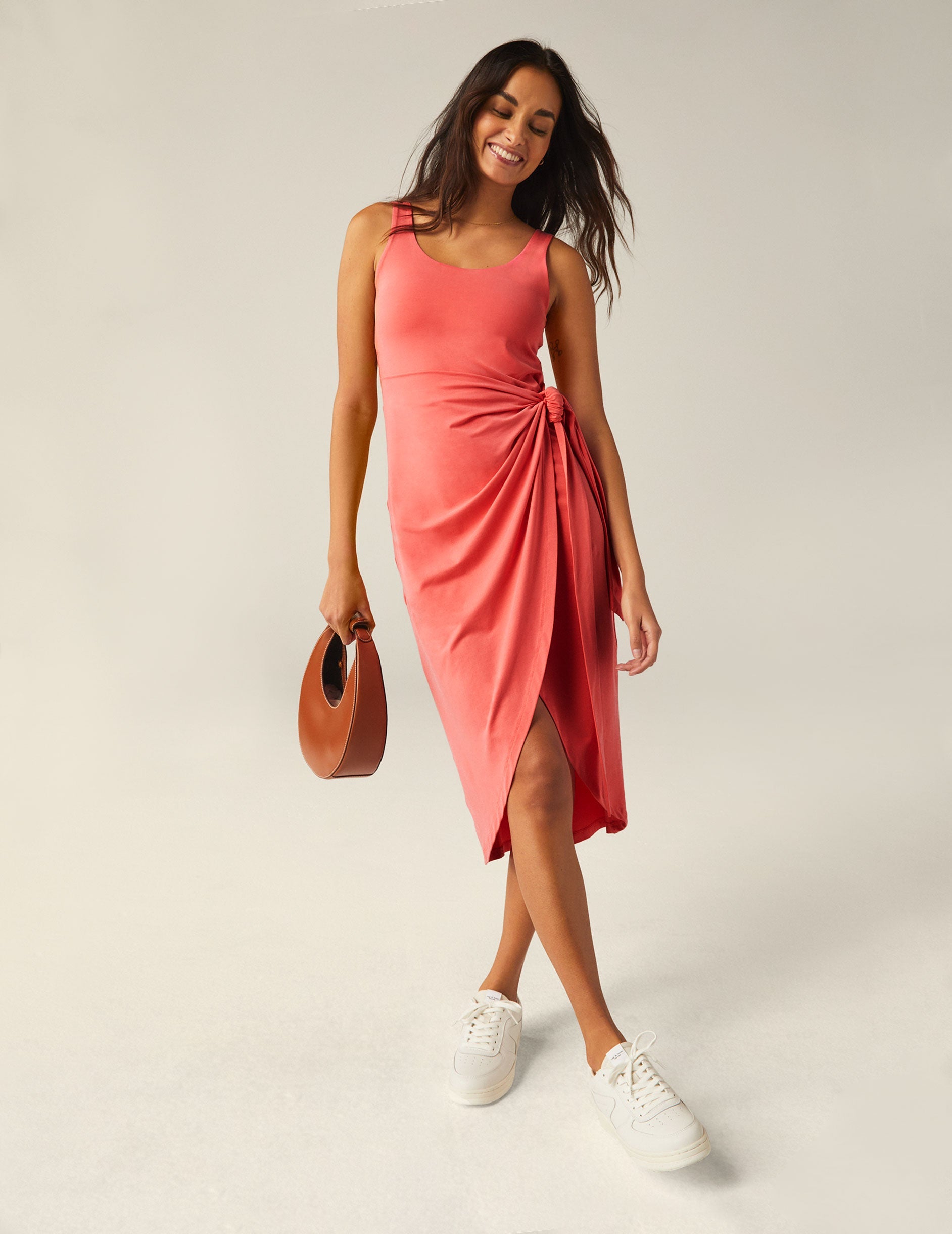 Chic Coral Glow Wrap Front Midi Dress with Scoop Neck and Tie Waist