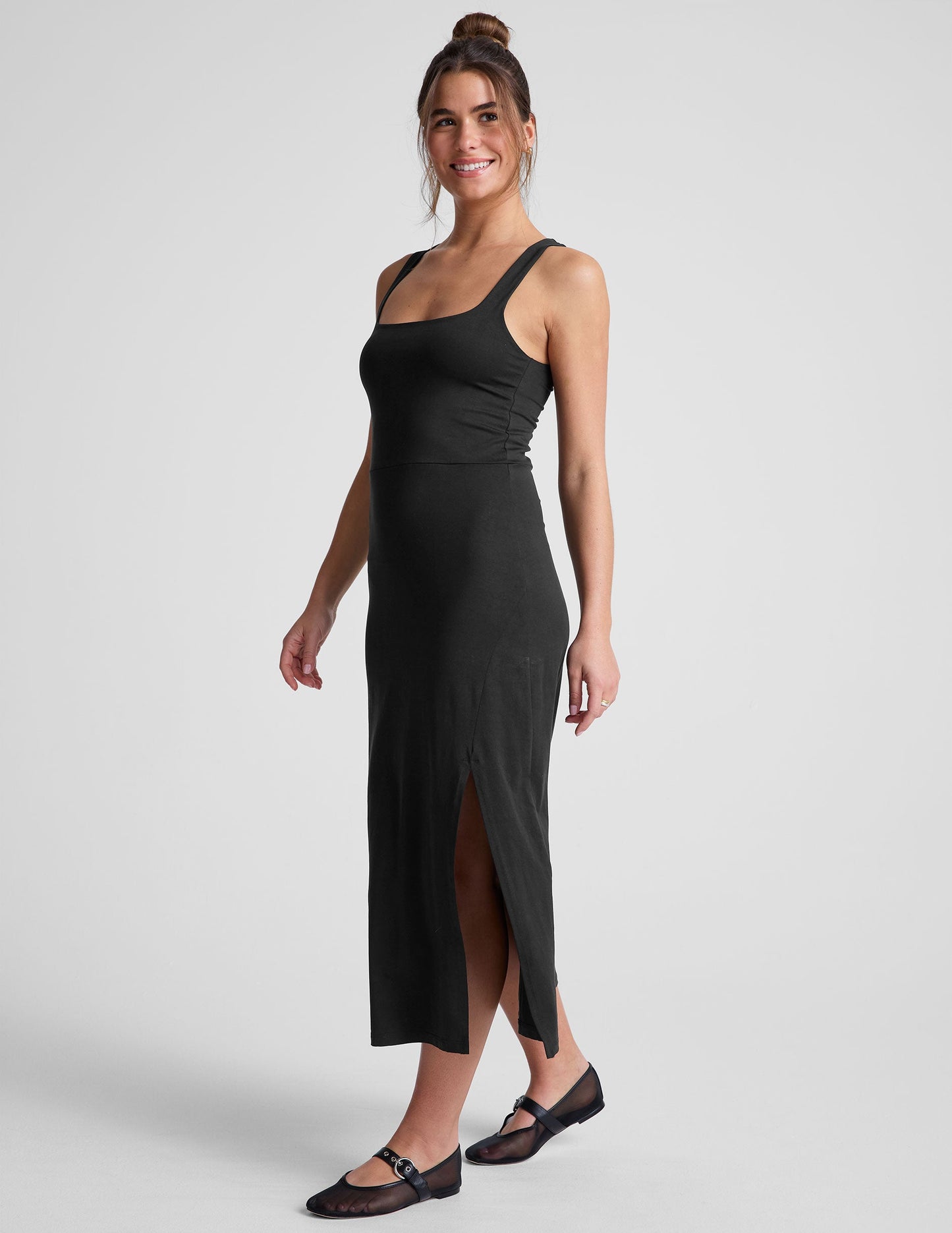 Chic Black Getaway Midi Dress: Square Neck, Side Slit, Ultra-Comfortable