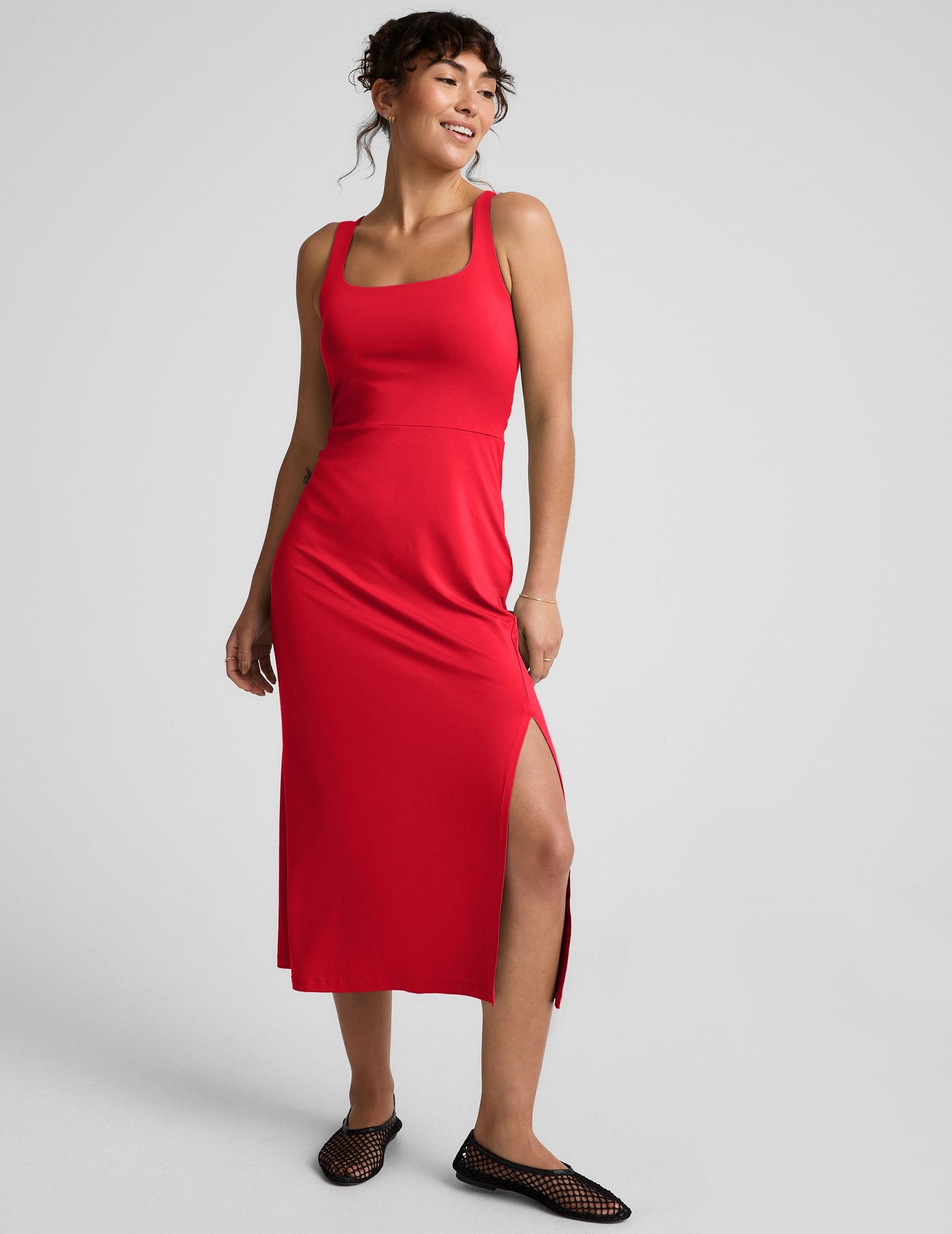 Candy Apple Red Square Neck Midi Dress with Elegant Side Slit