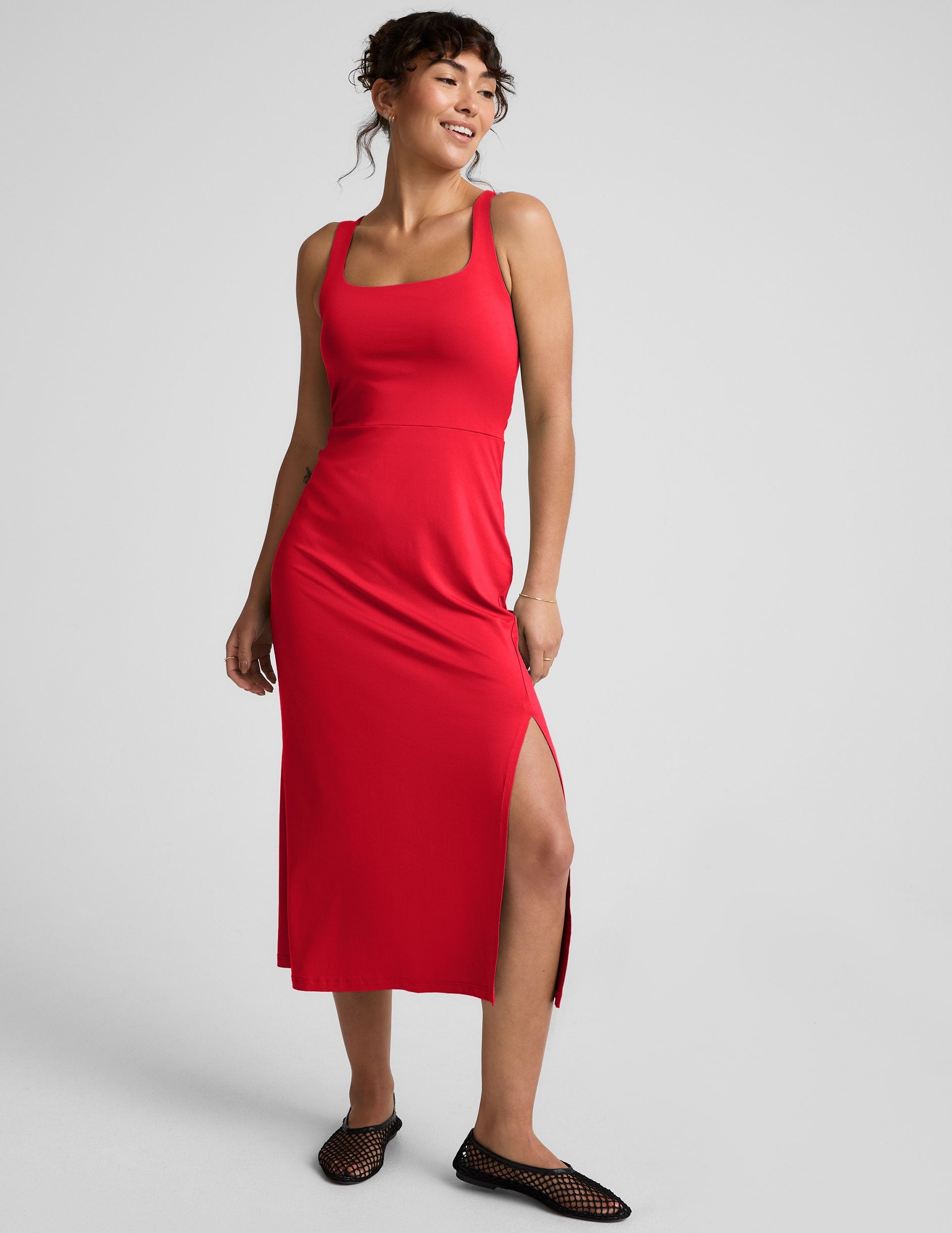 Candy Apple Red Square Neck Midi Dress with Elegant Side Slit