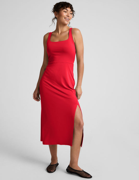Candy Apple Red Square Neck Midi Dress with Elegant Side Slit