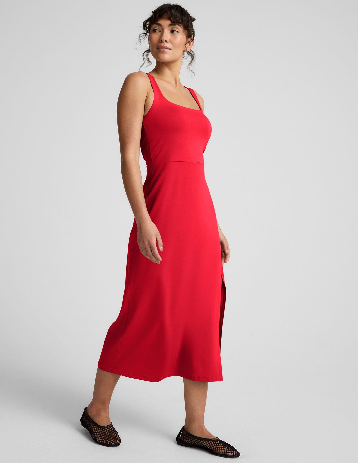 Candy Apple Red Square Neck Midi Dress with Elegant Side Slit