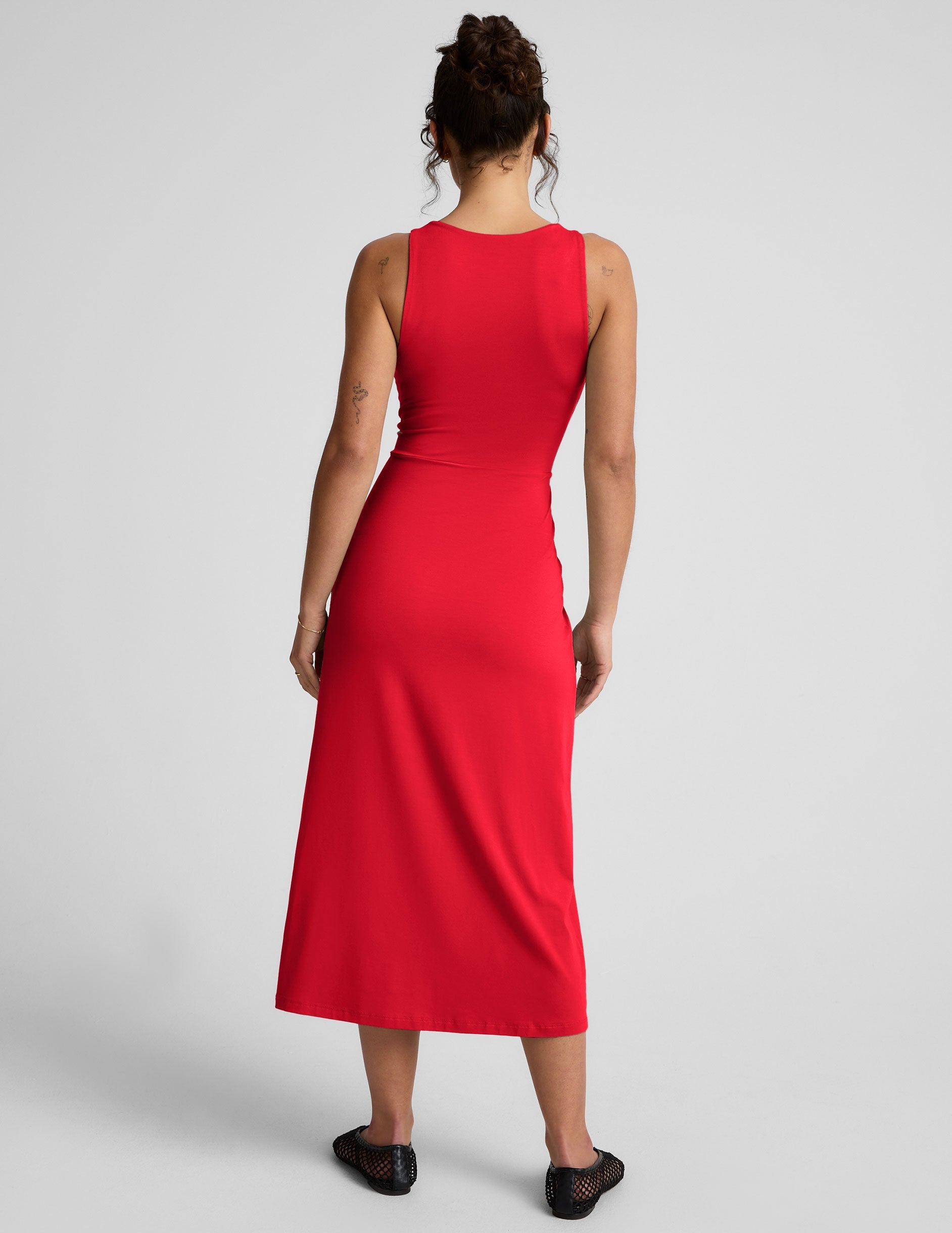 Candy Apple Red Square Neck Midi Dress with Elegant Side Slit