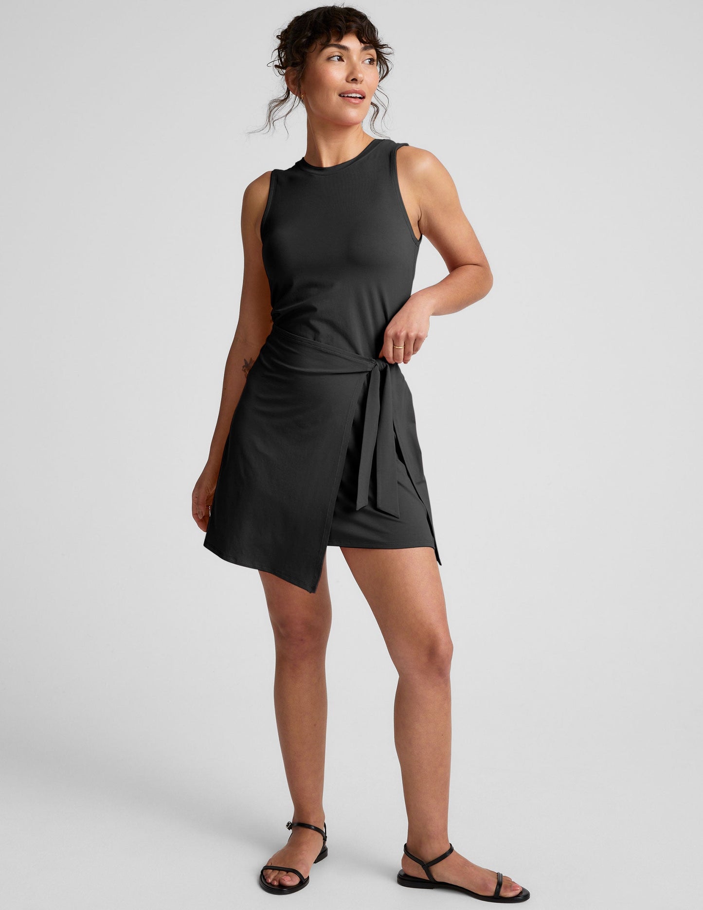 Versatile Black Mini Dress with Tie Waist, Flattering Body-Skimming Fit, Scoop Neck