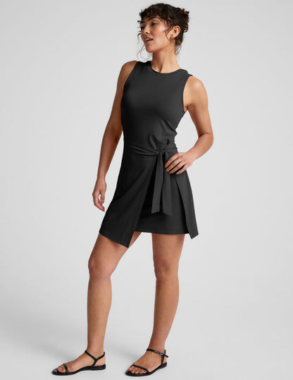 Versatile Black Mini Dress with Tie Waist, Flattering Body-Skimming Fit, Scoop Neck
