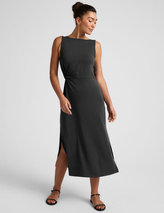 Elegant Black Midi Dress: Bateau Neck, Side Twist, Packable Aerial Jersey