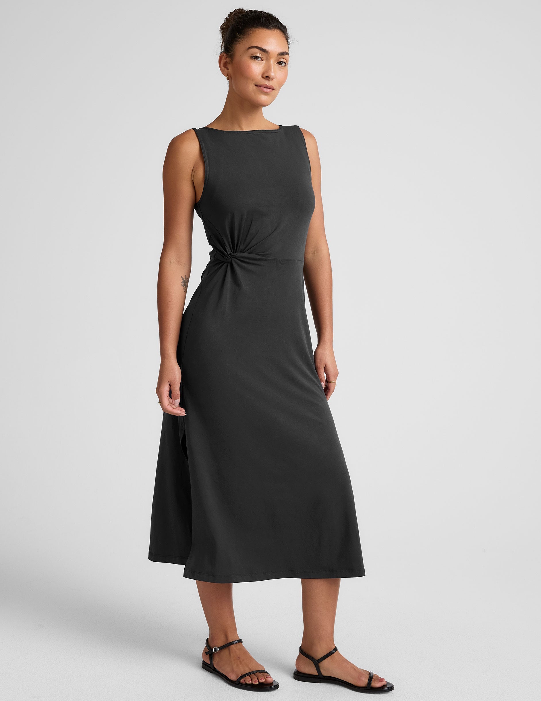 Elegant Black Midi Dress: Bateau Neck, Side Twist, Packable Aerial Jersey