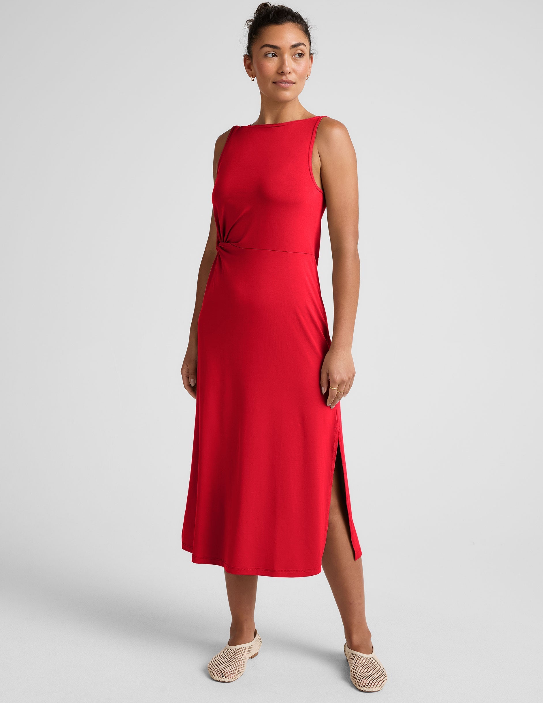 Candy Apple Red Side Twist Midi Dress - Lightweight Aerial Jersey Packable Style
