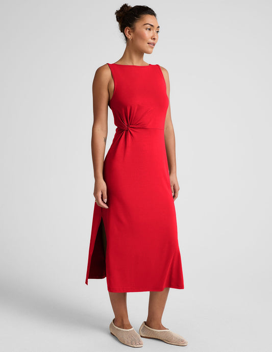 Candy Apple Red Side Twist Midi Dress - Lightweight Aerial Jersey Packable Style