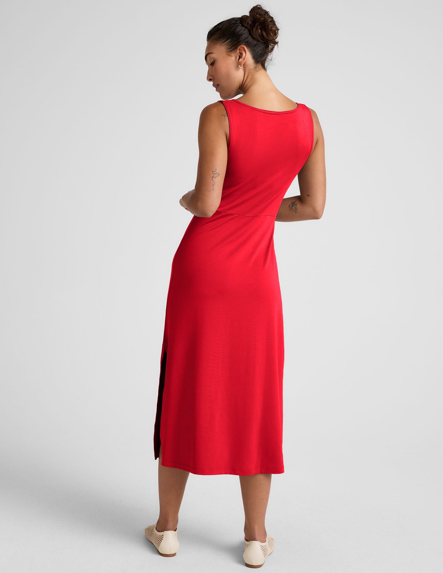Candy Apple Red Side Twist Midi Dress - Lightweight Aerial Jersey Packable Style