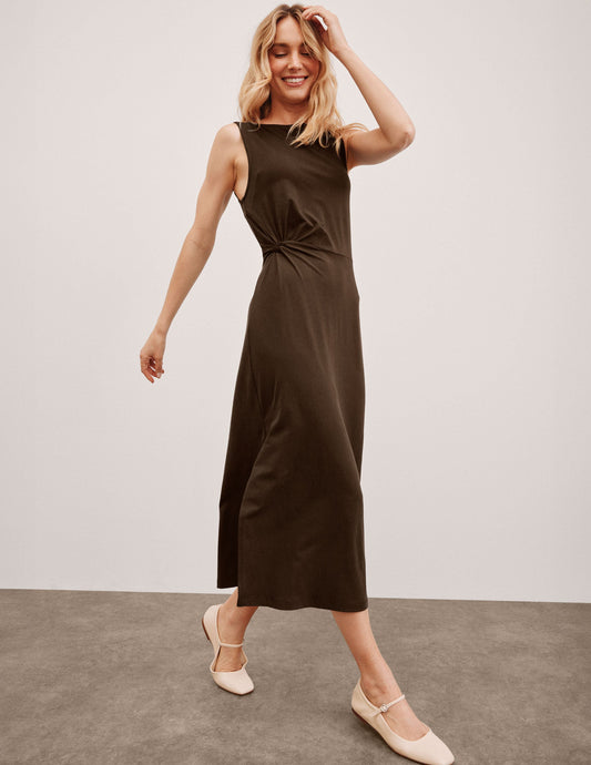 Elegant Women's Midi Dress with Bateau Neck and Side Twist Detail