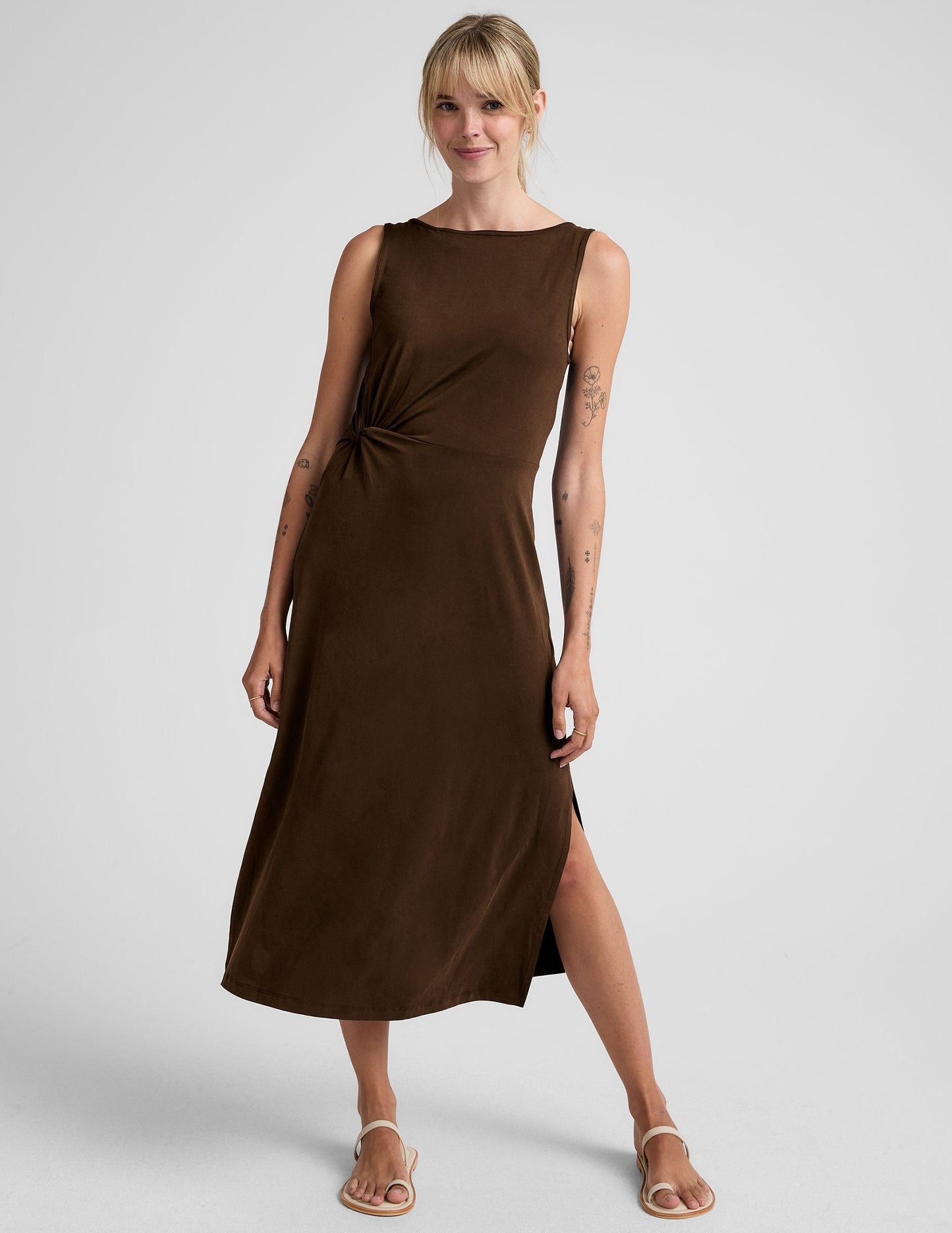 Elegant Women's Midi Dress with Bateau Neck and Side Twist Detail