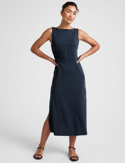 Elegant Side Twist Midi Dress with Bateau Neck, Stretchy Aerial Jersey