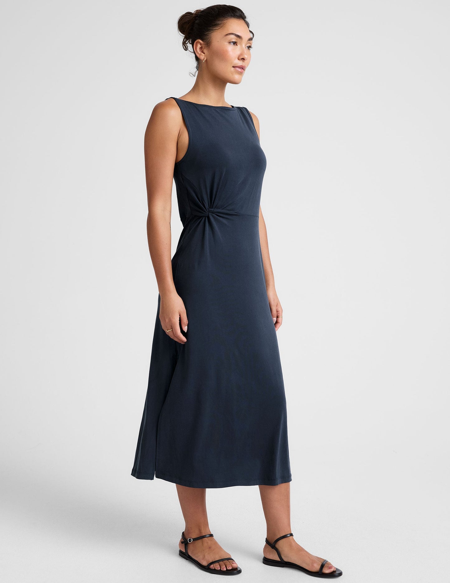 Elegant Side Twist Midi Dress with Bateau Neck, Stretchy Aerial Jersey