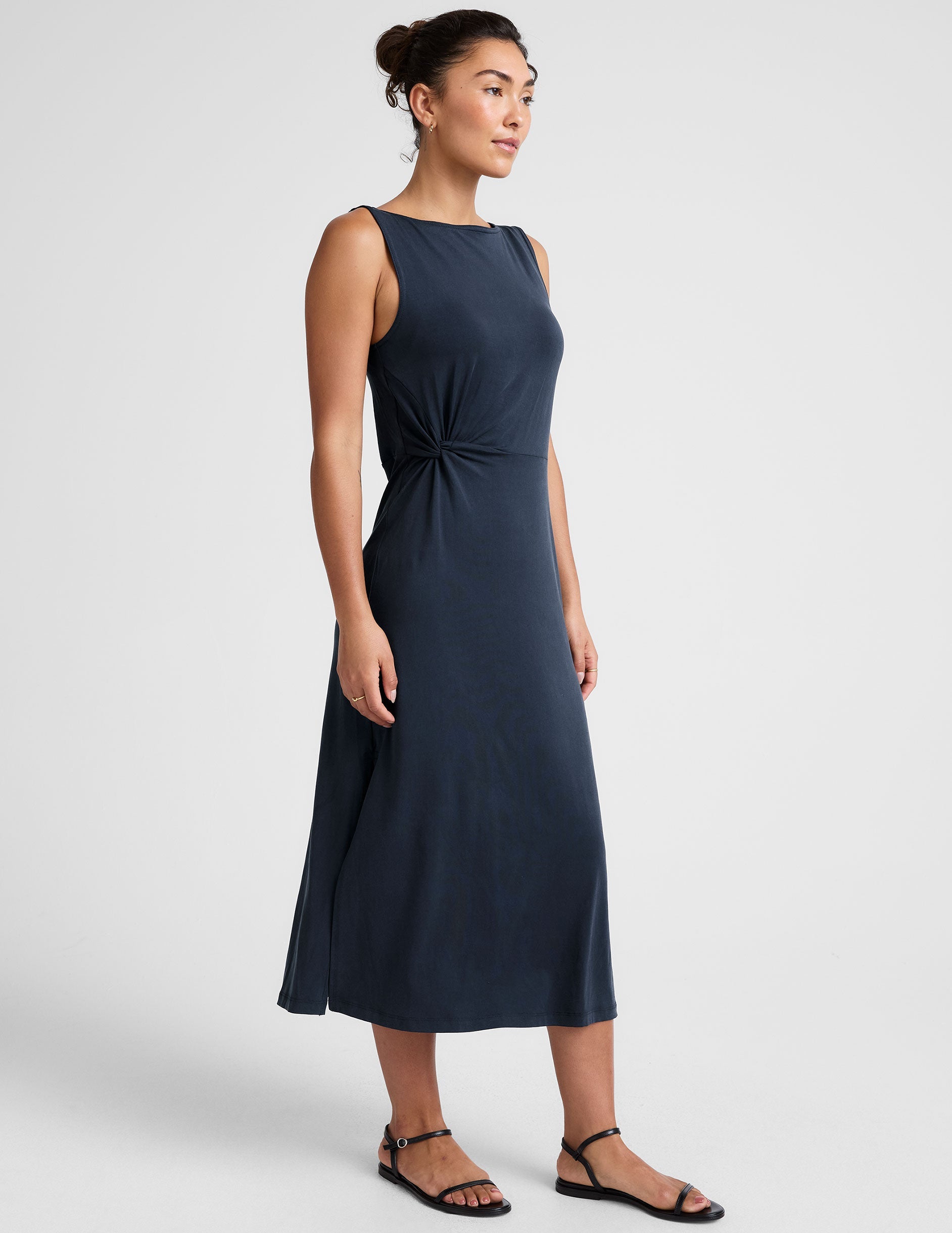 Elegant Side Twist Midi Dress with Bateau Neck, Stretchy Aerial Jersey