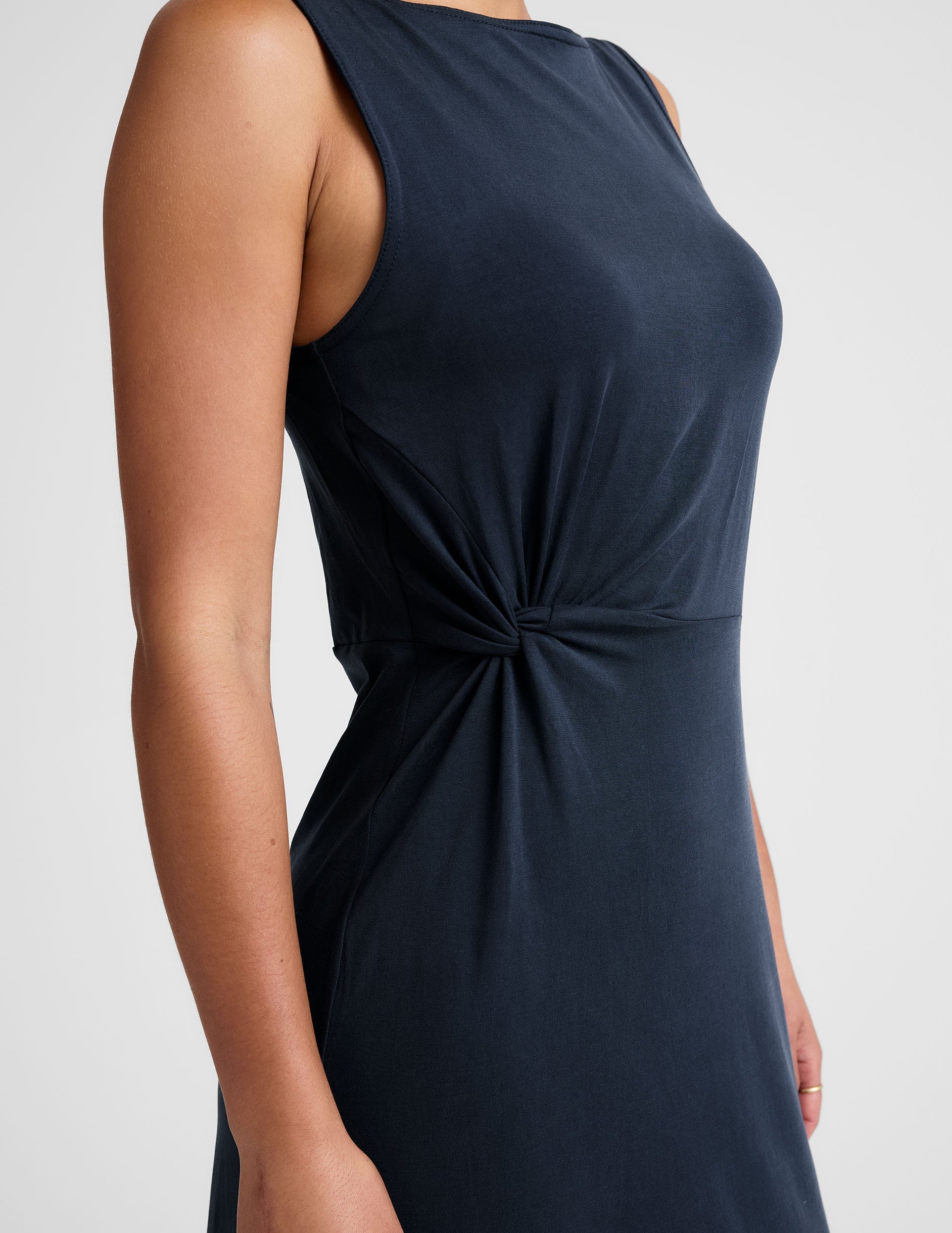 Elegant Side Twist Midi Dress with Bateau Neck, Stretchy Aerial Jersey