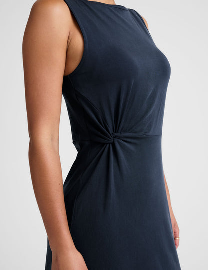 Elegant Side Twist Midi Dress with Bateau Neck, Stretchy Aerial Jersey