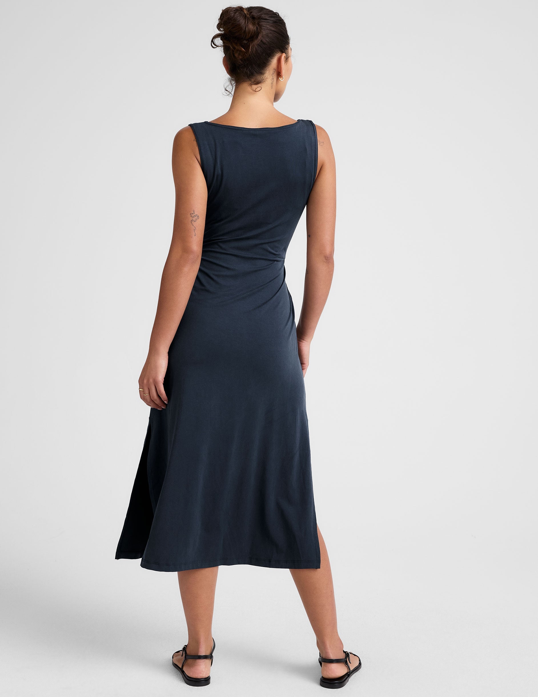 Elegant Side Twist Midi Dress with Bateau Neck, Stretchy Aerial Jersey