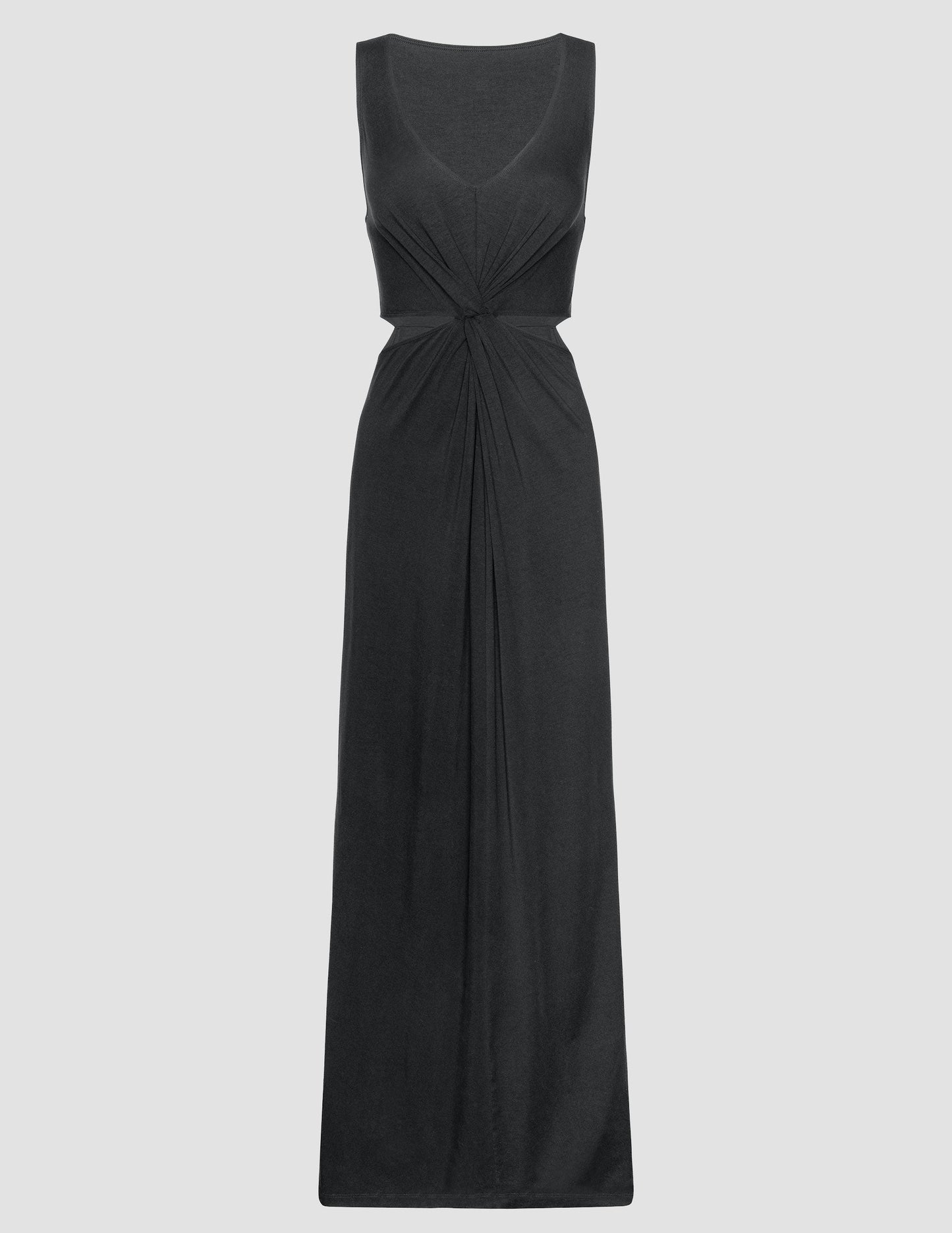 Black V-Neck Maxi Dress with Front Twist Cutouts, Stretchy & Packable