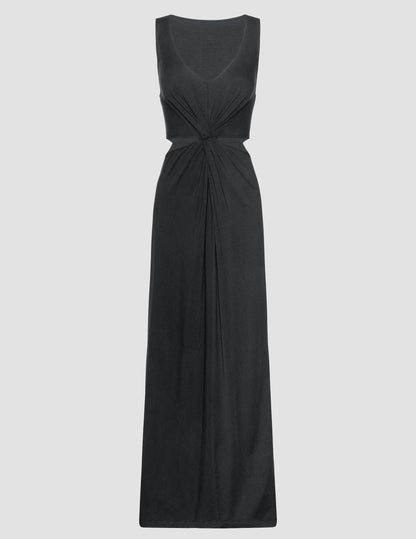 Black V-Neck Maxi Dress with Front Twist Cutouts, Stretchy & Packable