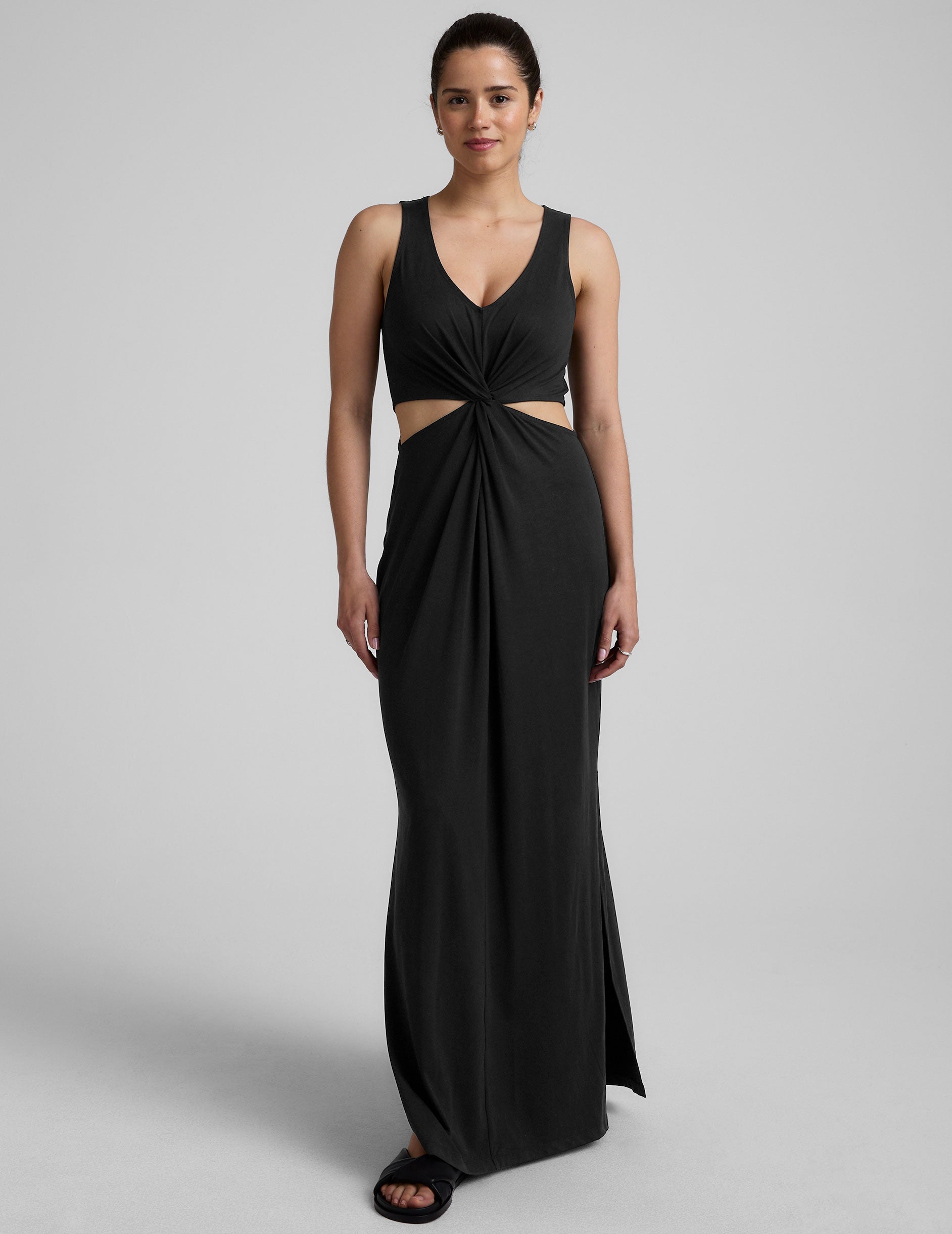 Black V-Neck Maxi Dress with Front Twist Cutouts, Stretchy & Packable