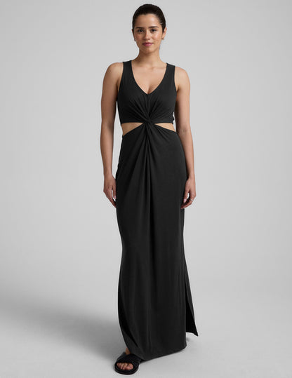 Black V-Neck Maxi Dress with Front Twist Cutouts, Stretchy & Packable