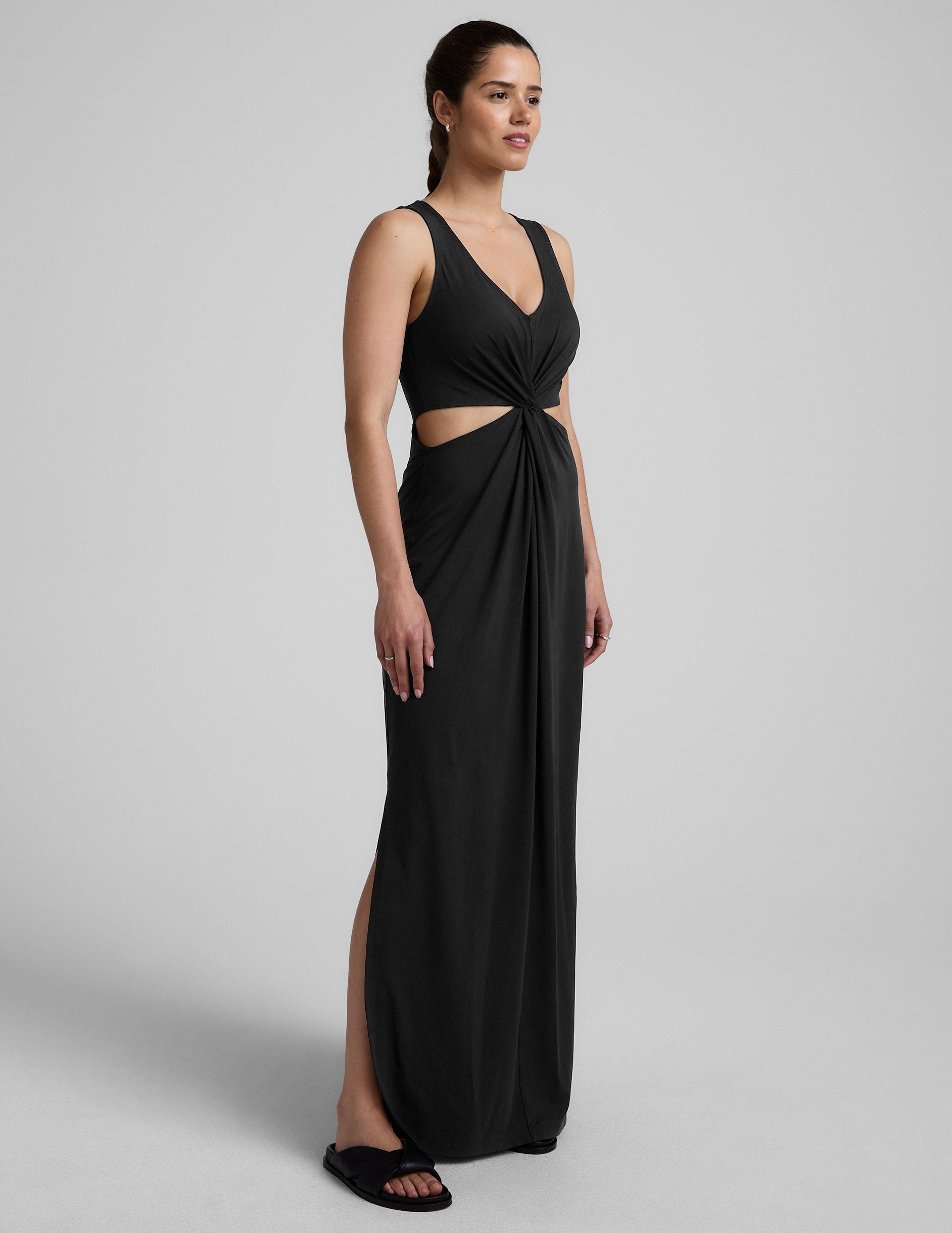 Black V-Neck Maxi Dress with Front Twist Cutouts, Stretchy & Packable