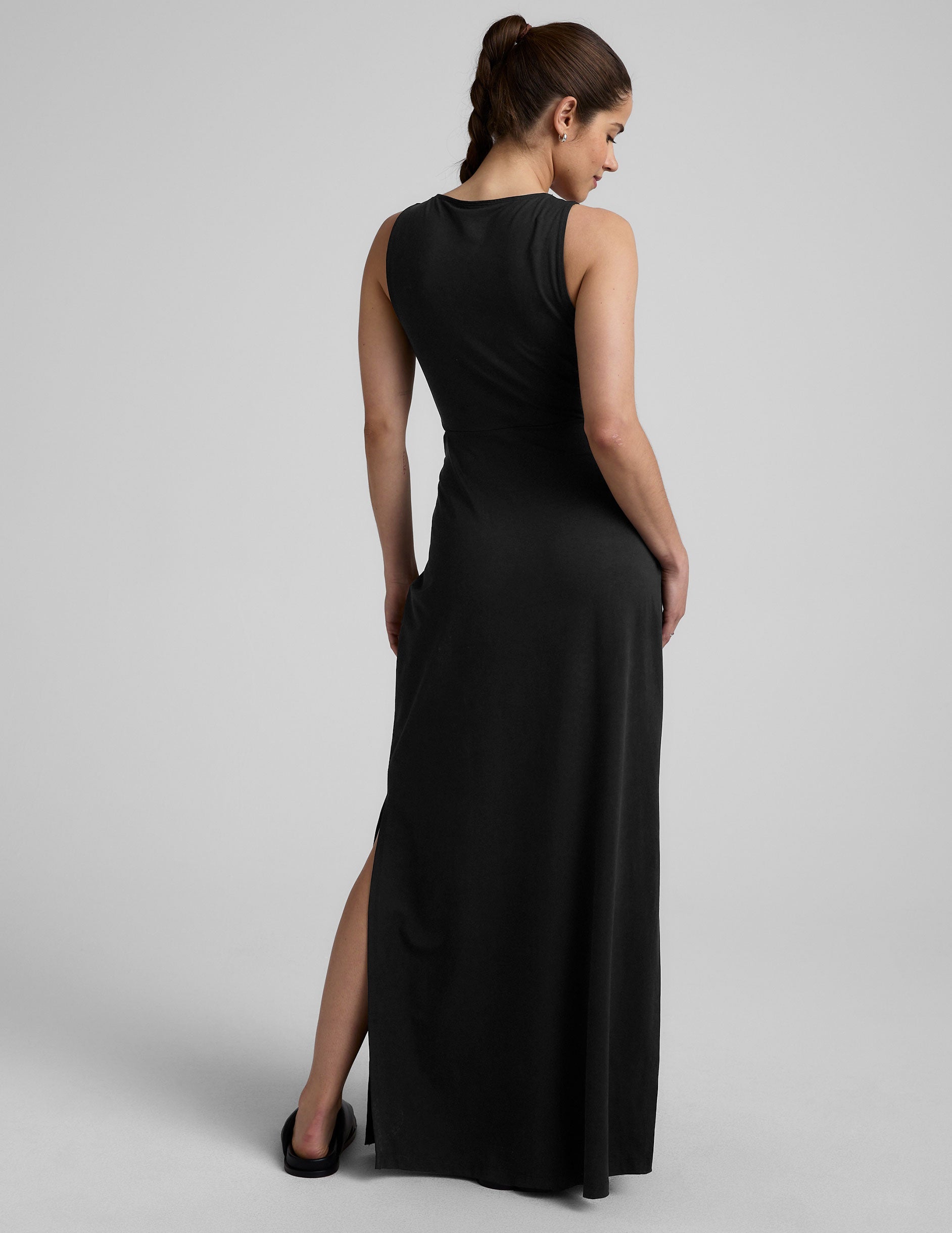 Black V-Neck Maxi Dress with Front Twist Cutouts, Stretchy & Packable