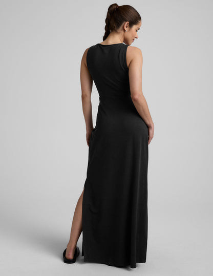 Black V-Neck Maxi Dress with Front Twist Cutouts, Stretchy & Packable