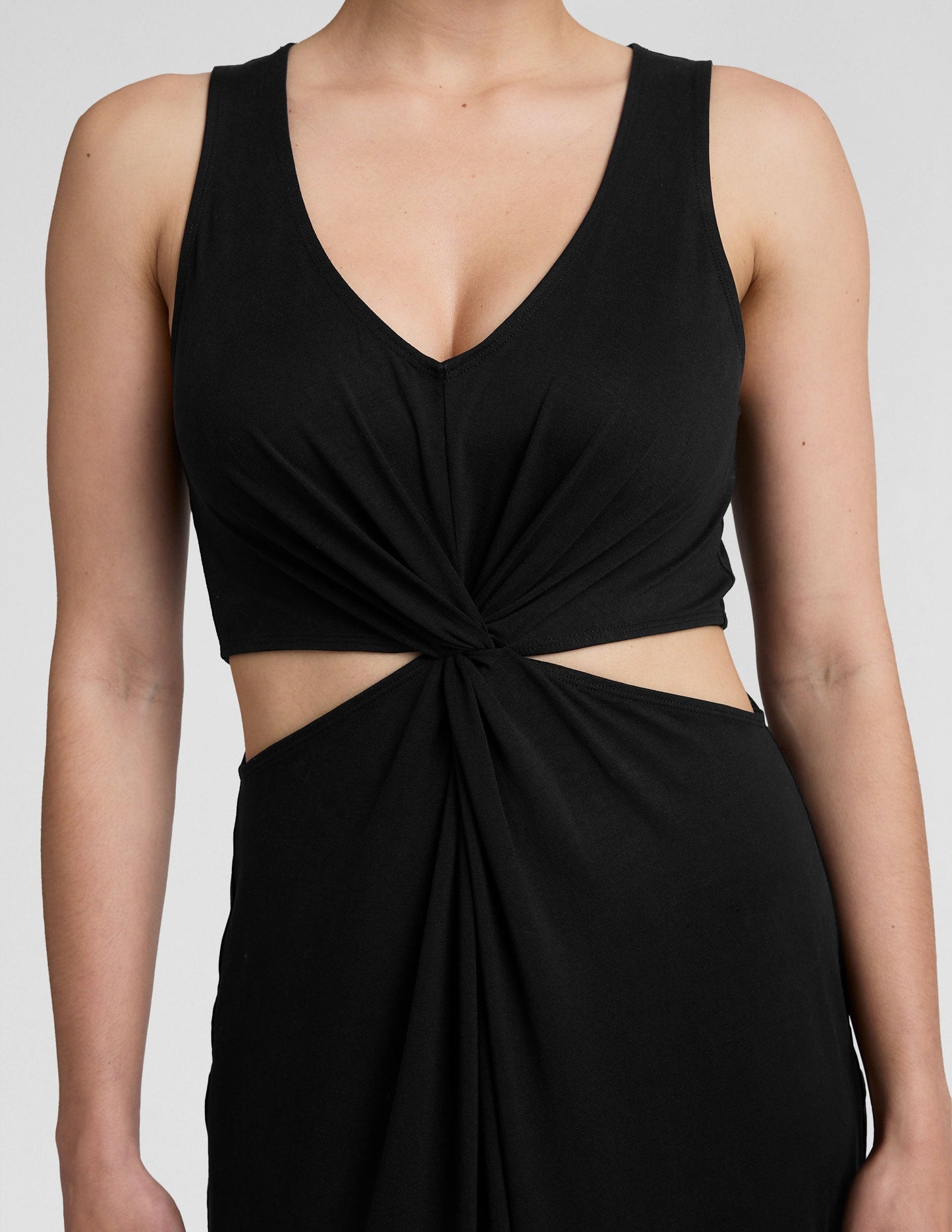 Black V-Neck Maxi Dress with Front Twist Cutouts, Stretchy & Packable
