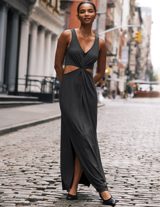 Black V-Neck Maxi Dress with Front Twist Cutouts, Stretchy & Packable