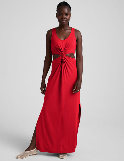 Elegant V-Neck Twist Front Maxi Dress with Side Slits, Travel Ready