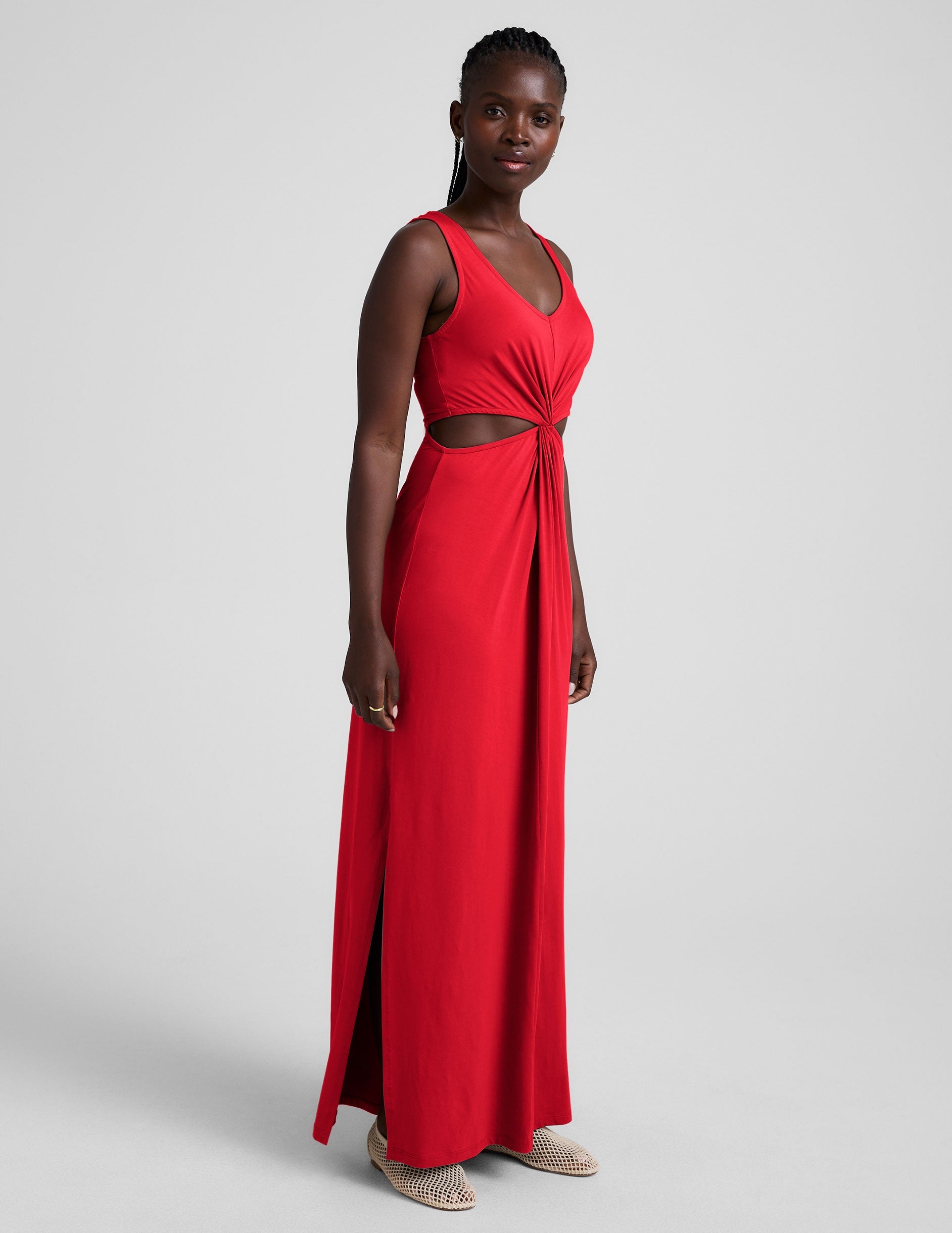 Elegant V-Neck Twist Front Maxi Dress with Side Slits, Travel Ready