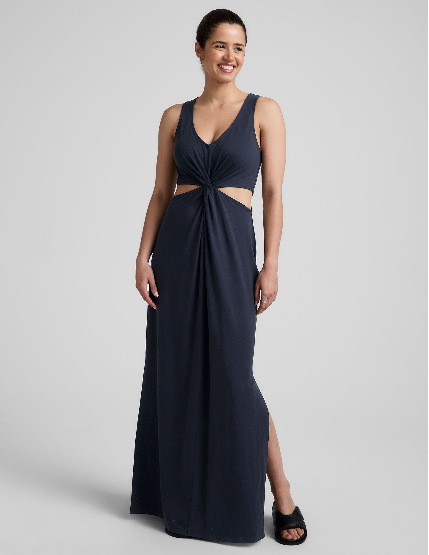 Stylish V-Neck Maxi Dress with Front Twist, Side Cutouts for Summer