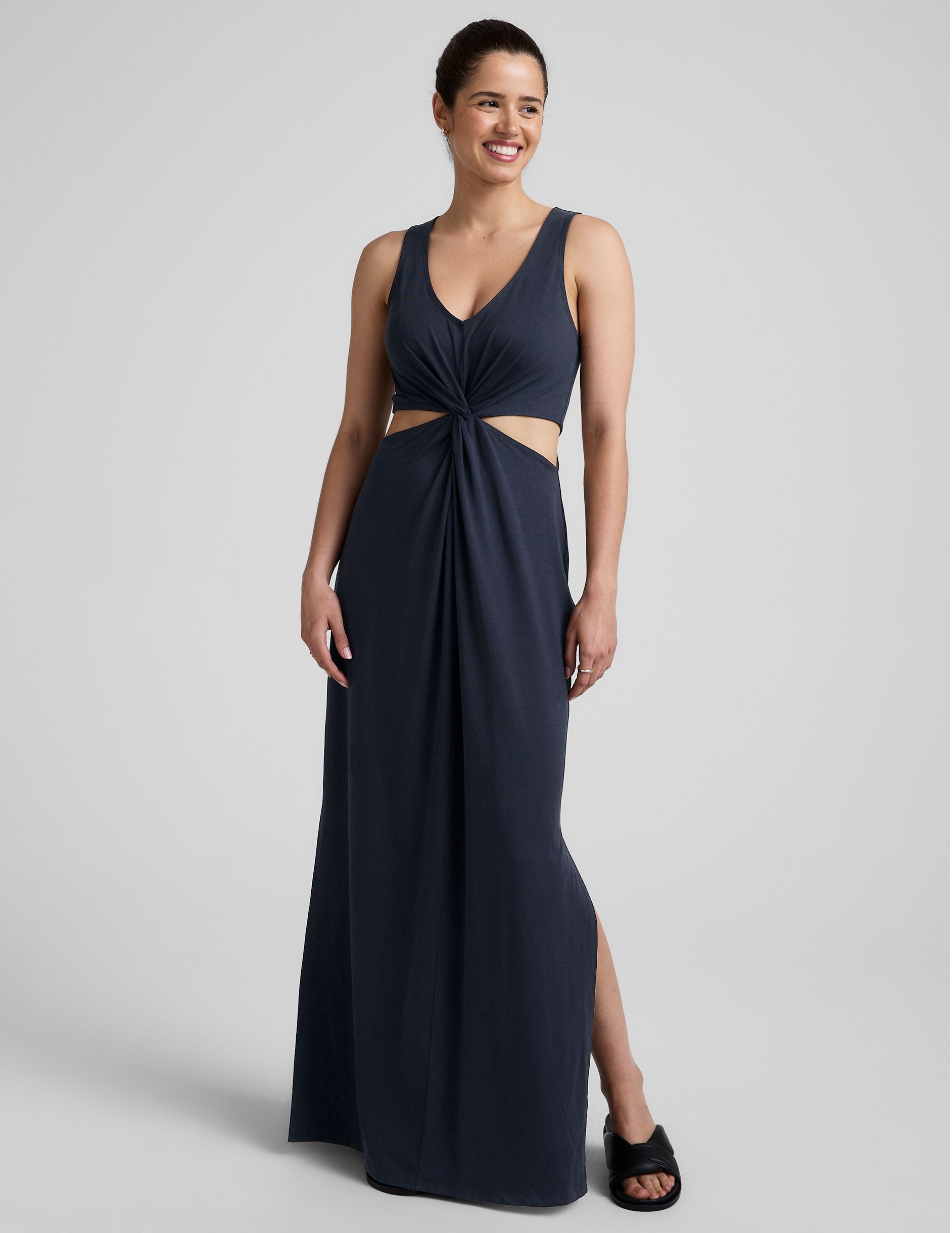 Stylish V-Neck Maxi Dress with Front Twist, Side Cutouts for Summer